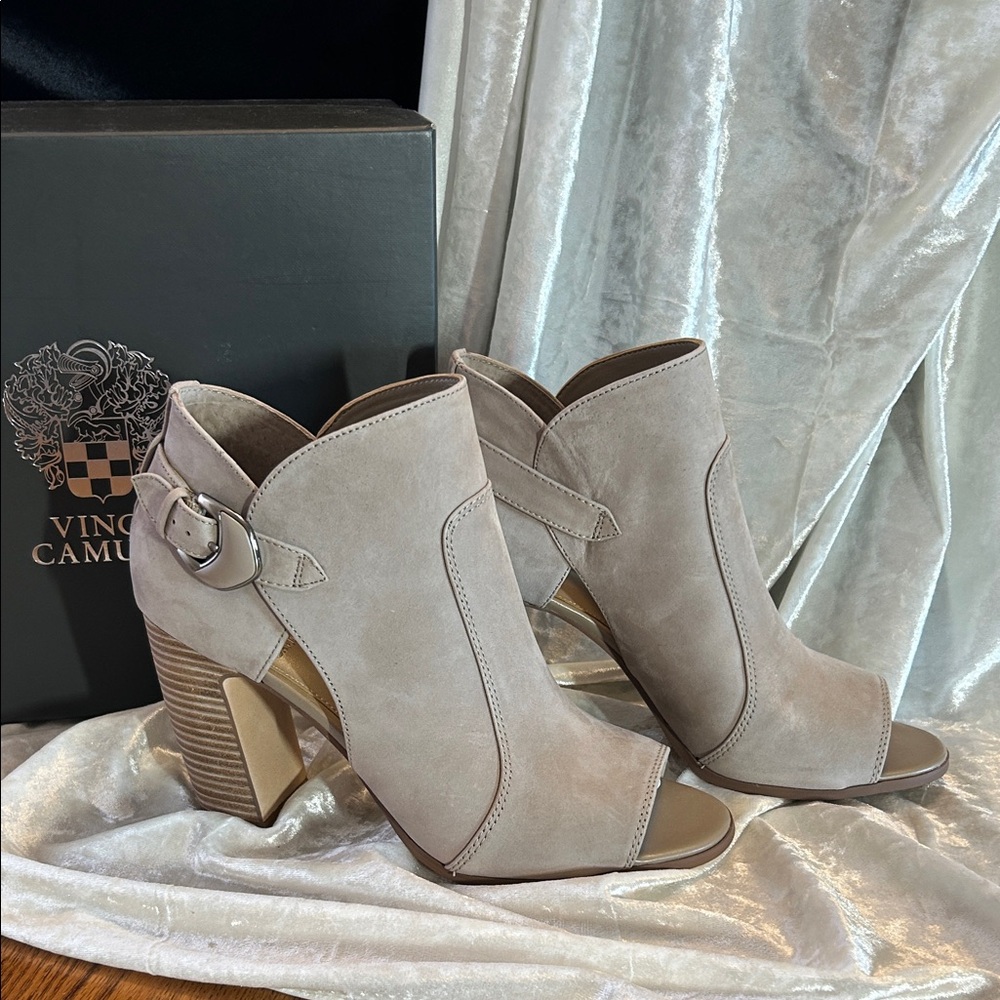Vince Camuto Taupe Suede Open-Toe Stacked Heel Booties